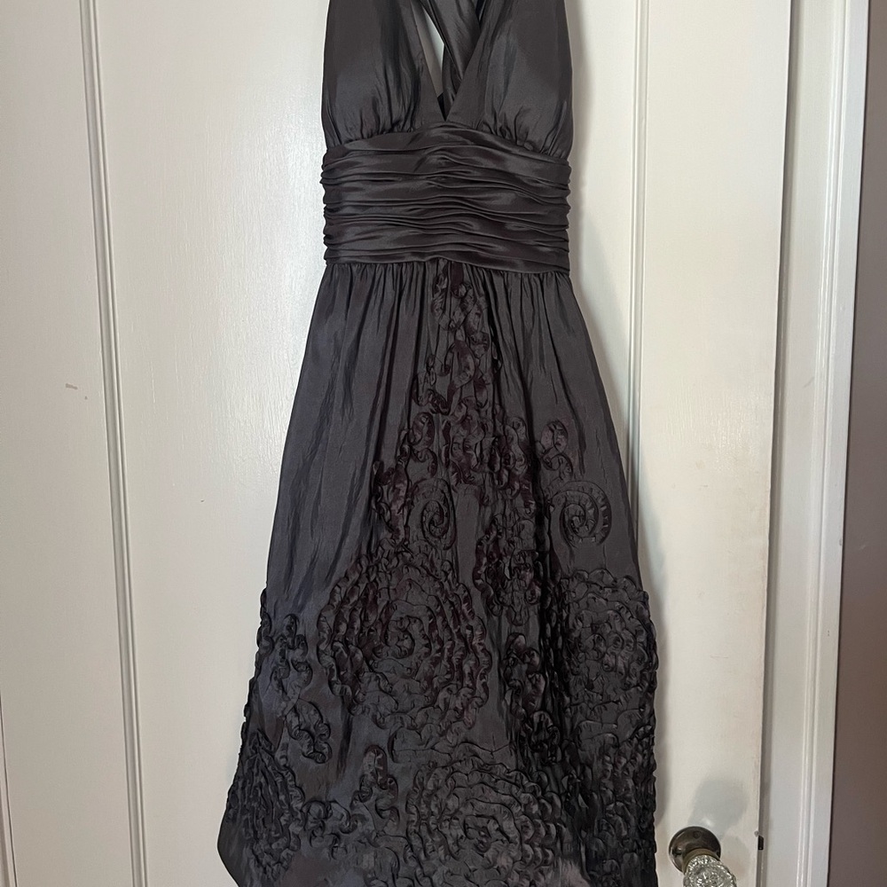 Papell Boutique Brown Satin Embroidered Midi Dress - Picture 2 of 3